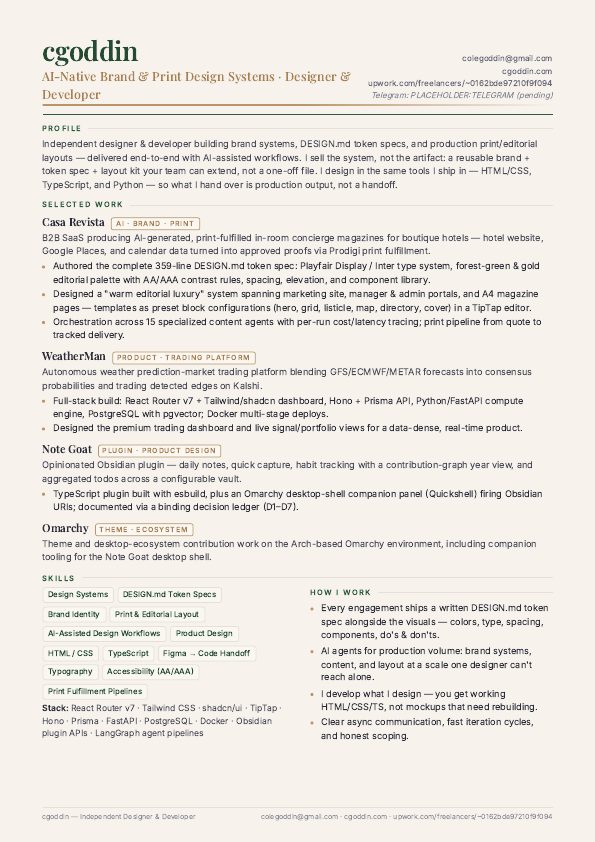 Visual one-page résumé in the same cream, forest-green and gold system.