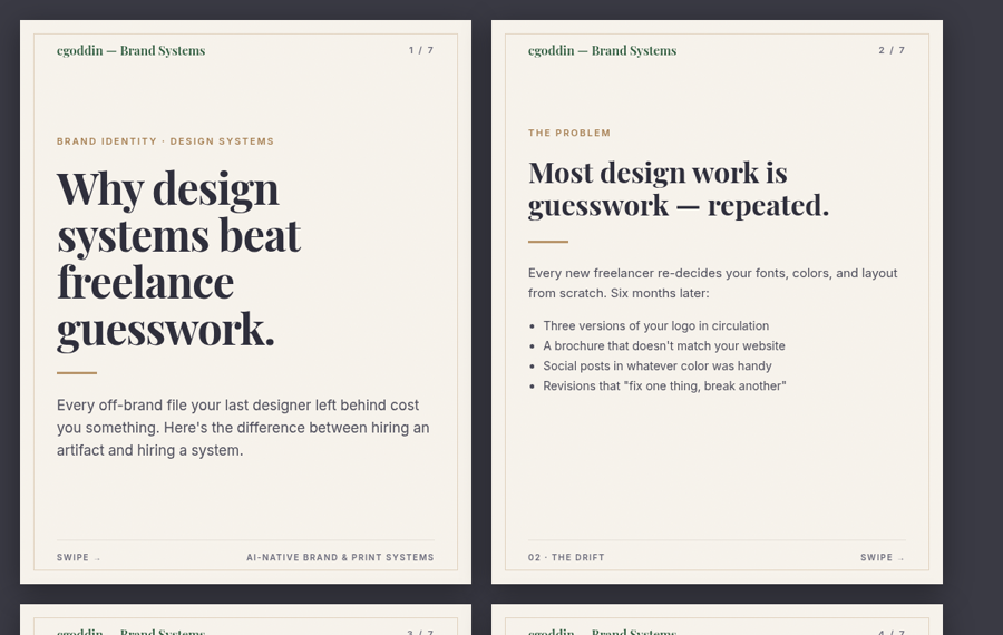 Social carousel 1 — 'Why design systems beat freelance guesswork.'